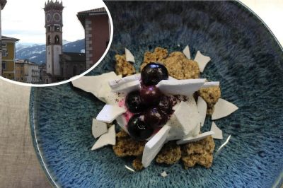 Gelato al formaggio di capra, mirtilli fermentati e crumble al caffè di lupino