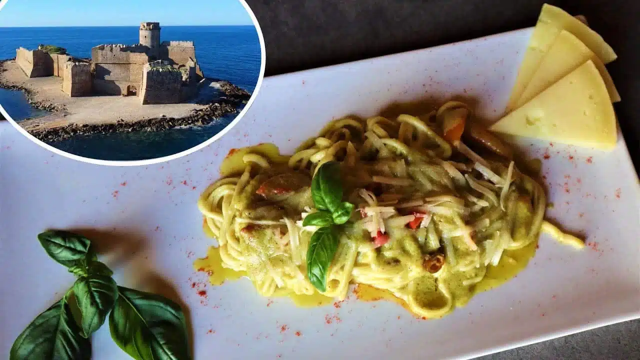 Spaghetti with cream of broad beans and Pecorino Crotonese cheese DOP