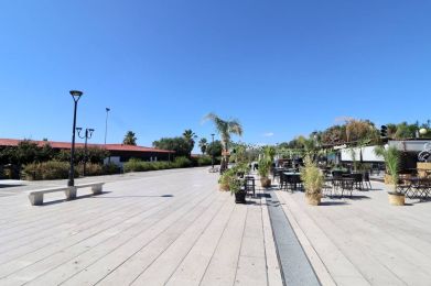 un patio con tavoli e sedie e alberi