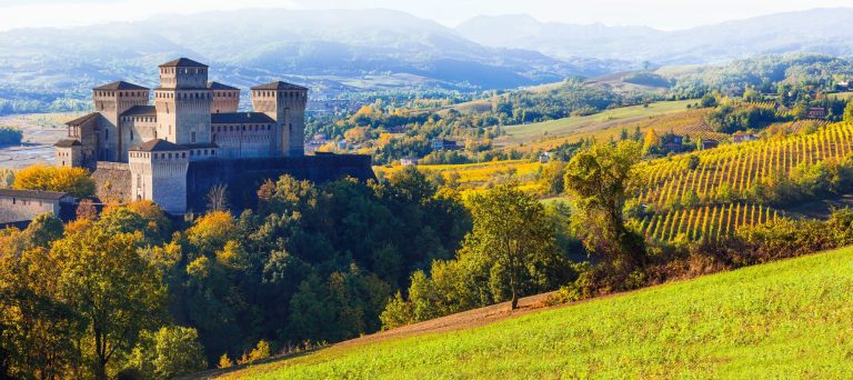 un castello su una collina con alberi e montagne sullo sfondo