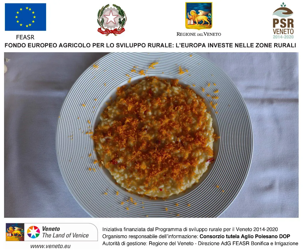 Risotto Aglio Bianco Polesano DOP, olio e peperoncino con bottarga di muggine