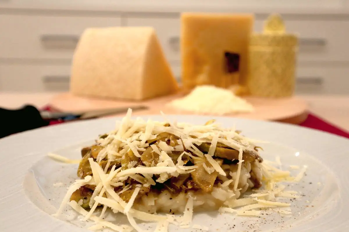 Risotto con salsiccia e funghi cardoncelli e scaglie di Pecorino Romano DOP