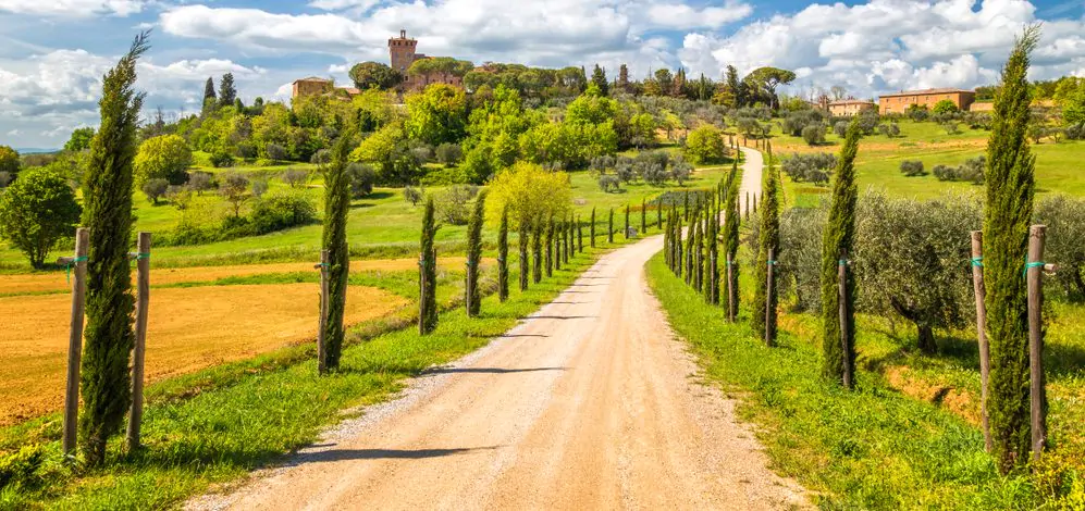 strada con cipressi e borgo sulla collina